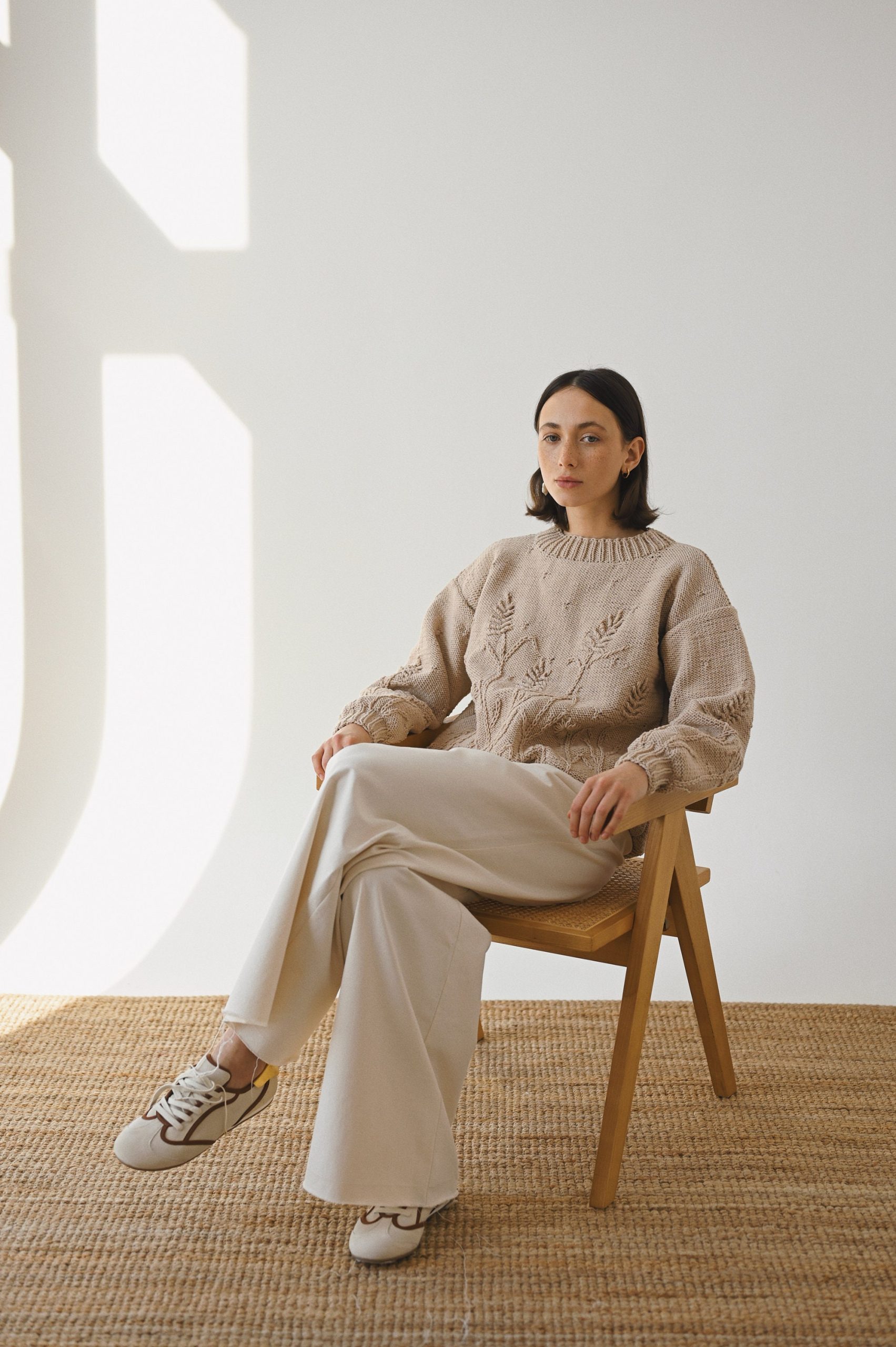 Hand-embroidered Yellow Floral Cotton Sweater - Chunky Knit Pullover