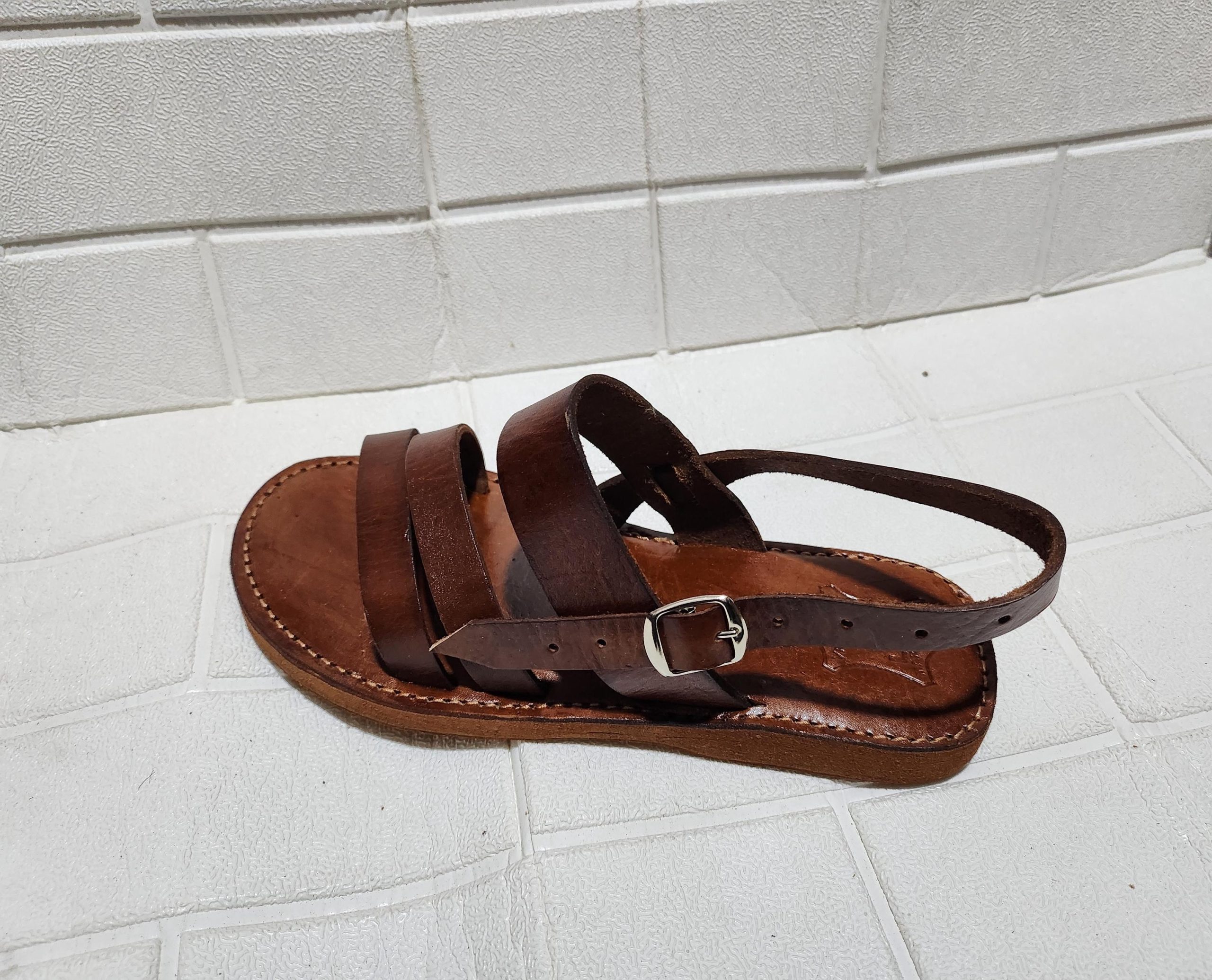 Moroccan Men’s Leather Sandals – Handmade Brown Buckle Sandals With Triple Strap, Comfortable Rubber Sole, Traditional Moroccan Summer Shoes