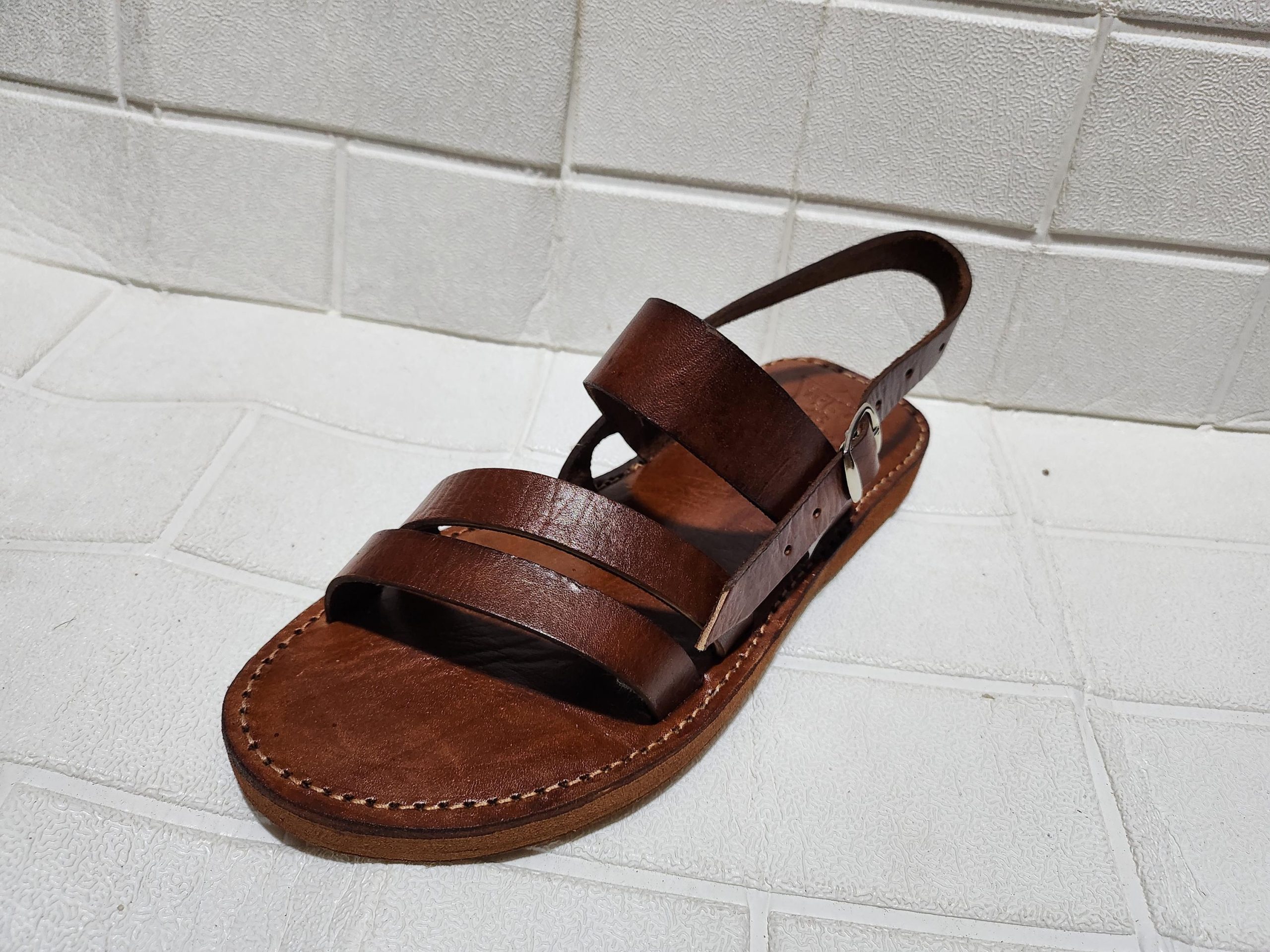 Moroccan Men’s Leather Sandals – Handmade Brown Buckle Sandals With Triple Strap, Comfortable Rubber Sole, Traditional Moroccan Summer Shoes