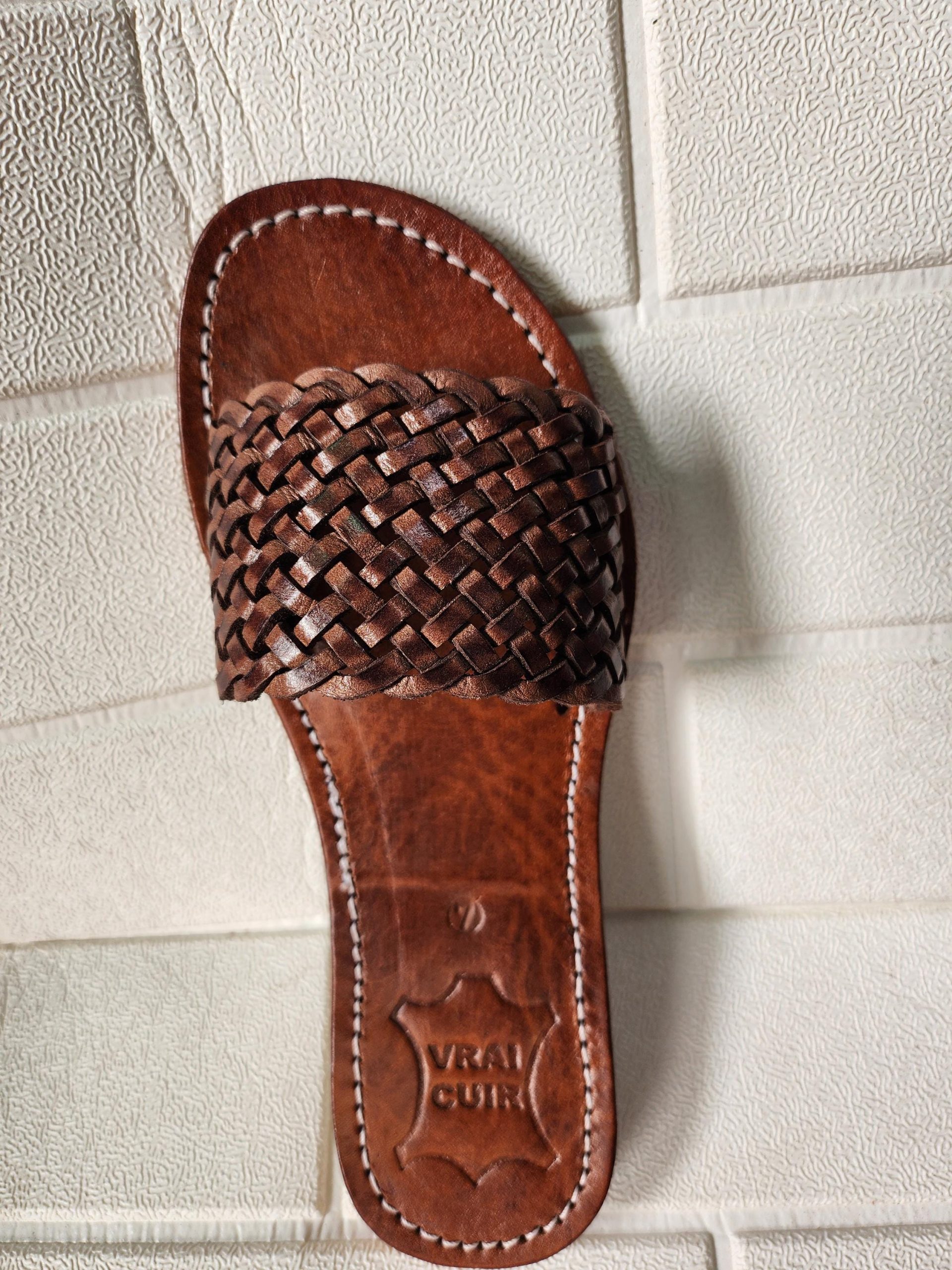 Moroccan Handmade Leather Sandals Women – Braided Slides, Strappy Summer Shoes, Open Toe Beach Sandals, Handcrafted Flat Leather Sandals