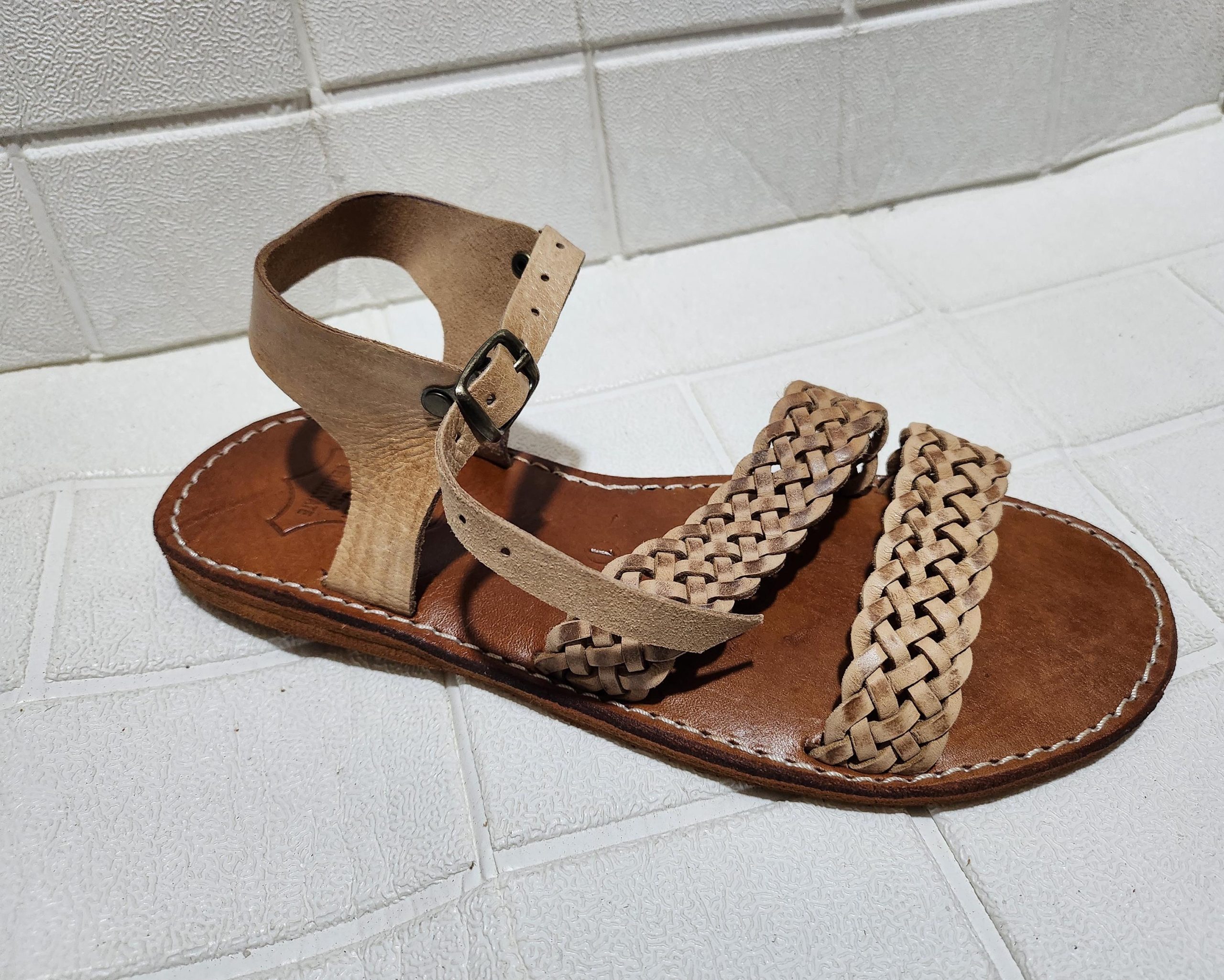 Handmade Moroccan Leather Sandals – Braided Flat Sandals For Women – Natural Tan Summer Shoes With Ankle Strap – Artisanmoroccatelie