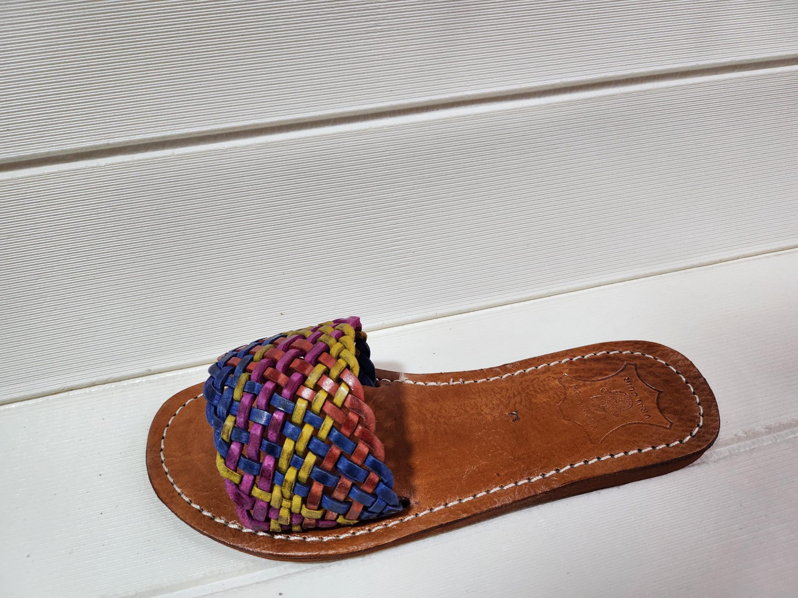 Handmade Moroccan Leather Sandals For Women – Vrai Cuir Marrakech – Colorful Woven Strap – Boho Summer Slides – Artisan Leather Shoes