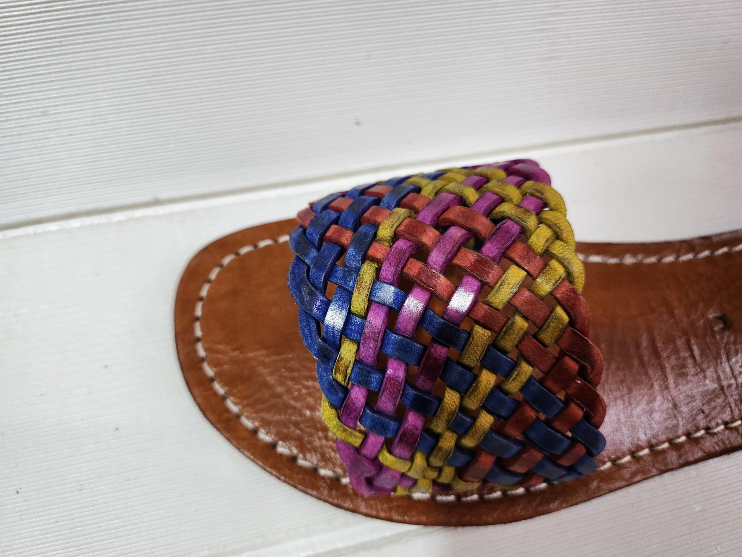 Handmade Moroccan Leather Sandals For Women – Vrai Cuir Marrakech – Colorful Woven Strap – Boho Summer Slides – Artisan Leather Shoes