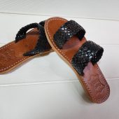 Handmade Moroccan Black Leather Sandals – Woven Double Strap Slides – Women’s Flat Summer Slippers – Boho Artisan Footwear – Open Toe Shoes