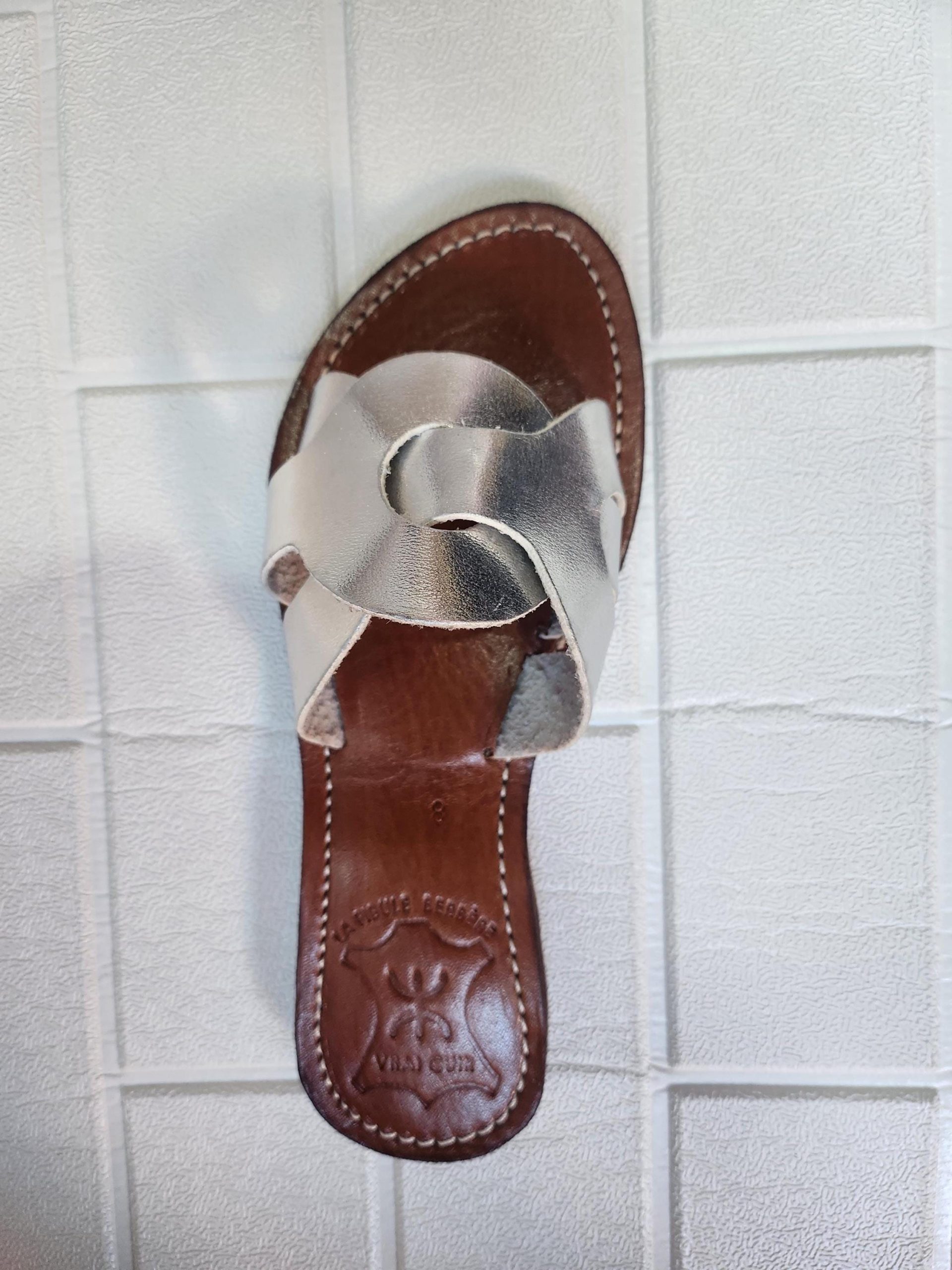 Handmade Moroccan Silver-tone Leather Sandals For Women – Hstyle Slip On Flats – Brown Sole Summer Slides – Boho Leather Slippers