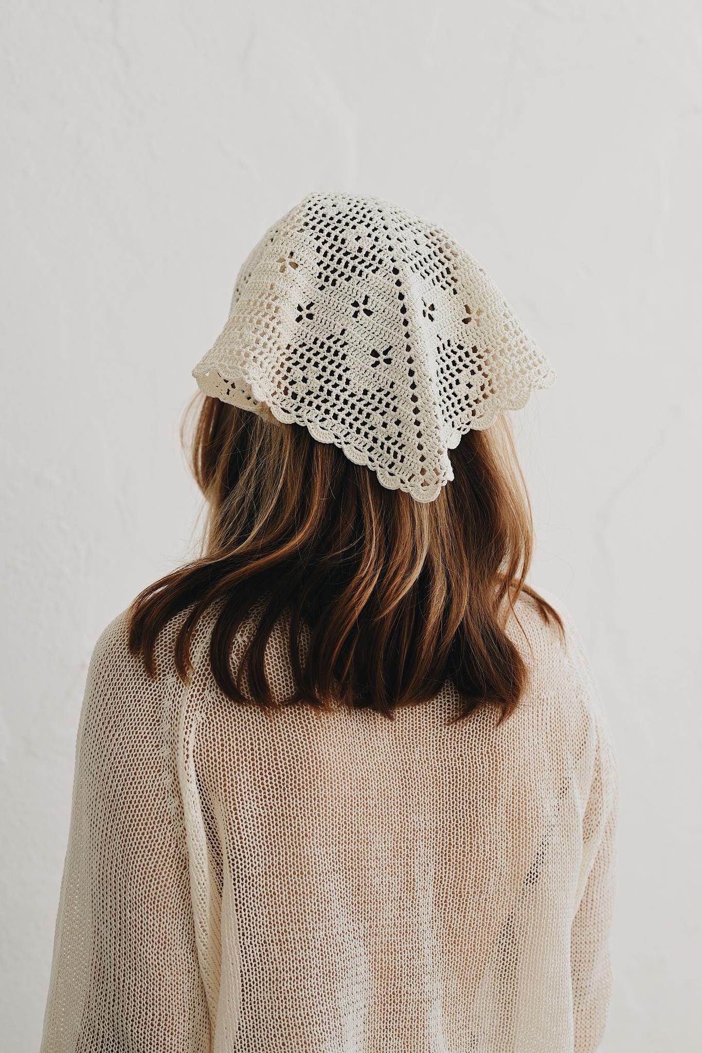 Hand-crocheted Cotton Lace Headwrap: Milky White Triangle Scarf