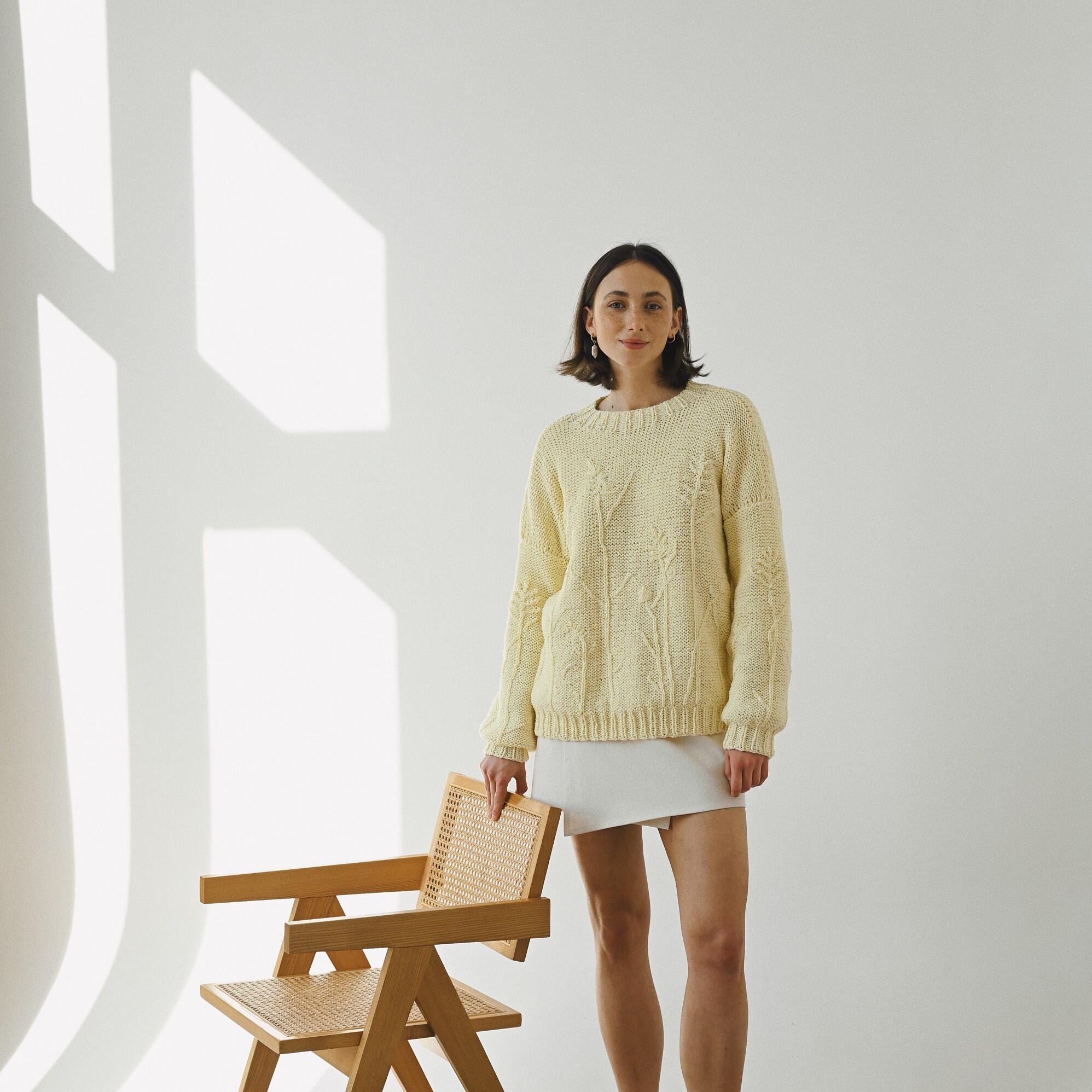 Hand-embroidered Yellow Floral Cotton Sweater - Chunky Knit Pullover