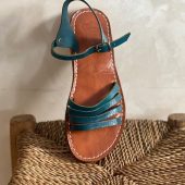 Handmade Moroccan Blue Leather Sandals Women Flat Strappy Summer Shoes