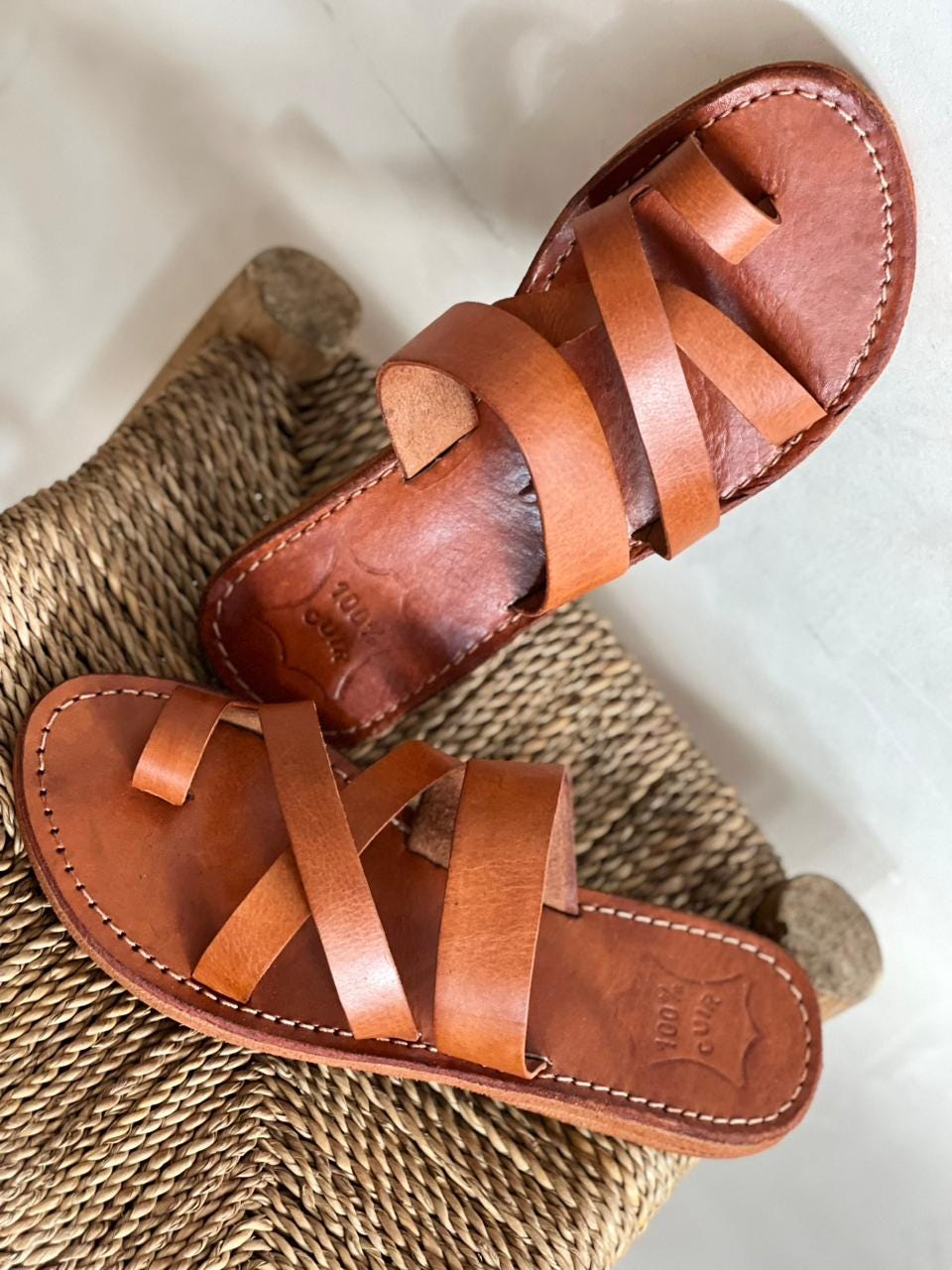 Handmade Moroccan Brown Leather Sandals – Toe Loop Cross Strap Slides Women