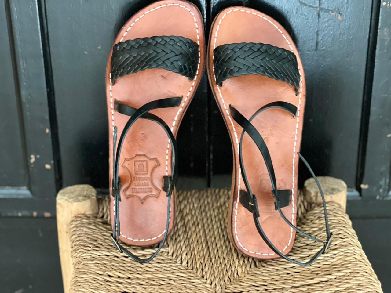 Black Braided Moroccan Leather Sandals – Handmade Flat Straps – Custom Fit