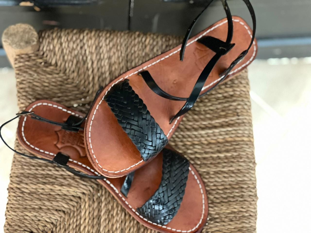 Black Braided Moroccan Leather Sandals – Handmade Flat Straps – Custom Fit